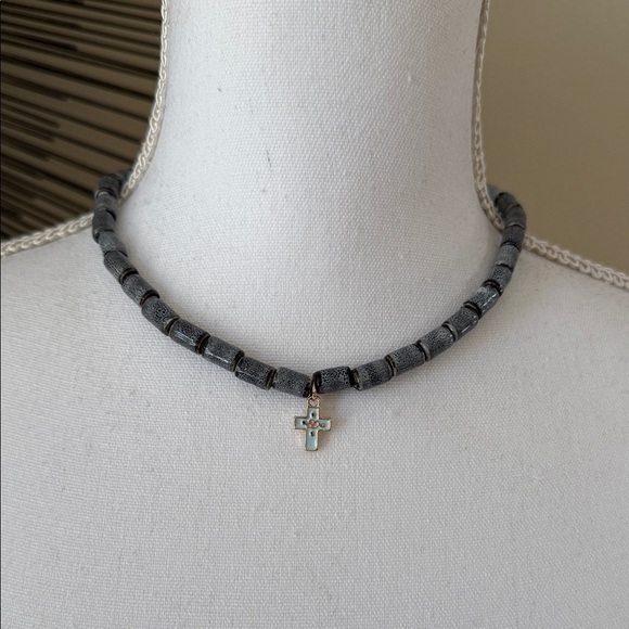 Free People Sincerely Yours Cross Choker In Gray/Blue - Picture 3 of 5